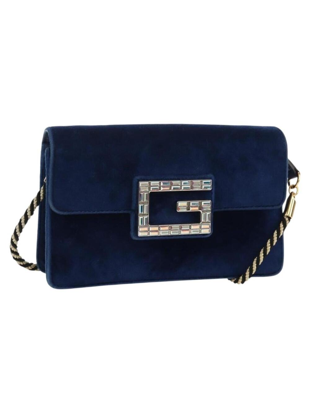 Gucci Shoulder Bag Velor Blue Gold Auth #367255G67B